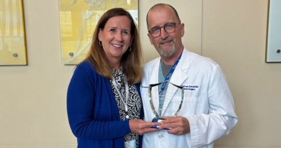 Cindi Richter, Foundation (left) presented Dr. Tom Sorrell (right) the first CHI Health Good Samaritan Champion of Philanthropy award today. The inaugural award honors outstanding achievements in philanthropy—shining a light on an individual who gives generously of their time, resources, efforts, including recruitment and advocacy, to support Good Samaritan in a meaningful way.